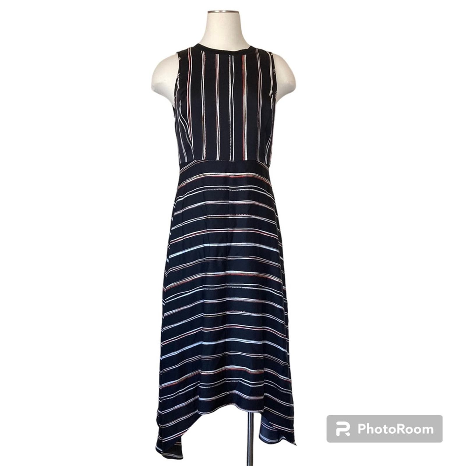 Classiques Entier Silk Asymmetrical Striped Black Keyhole Midi Dress Size 6